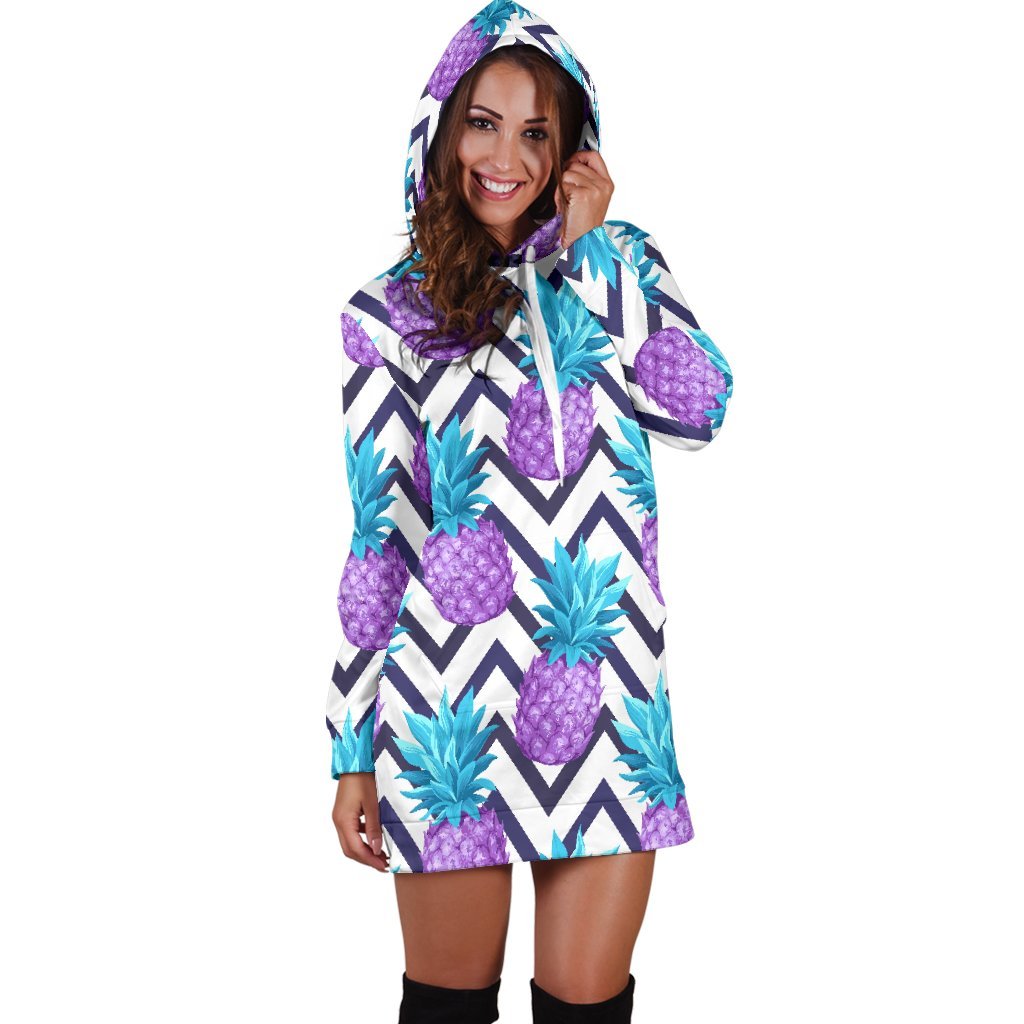 Purple Zig Zag Pineapple Pattern Print Hoodie Dress GearFrost