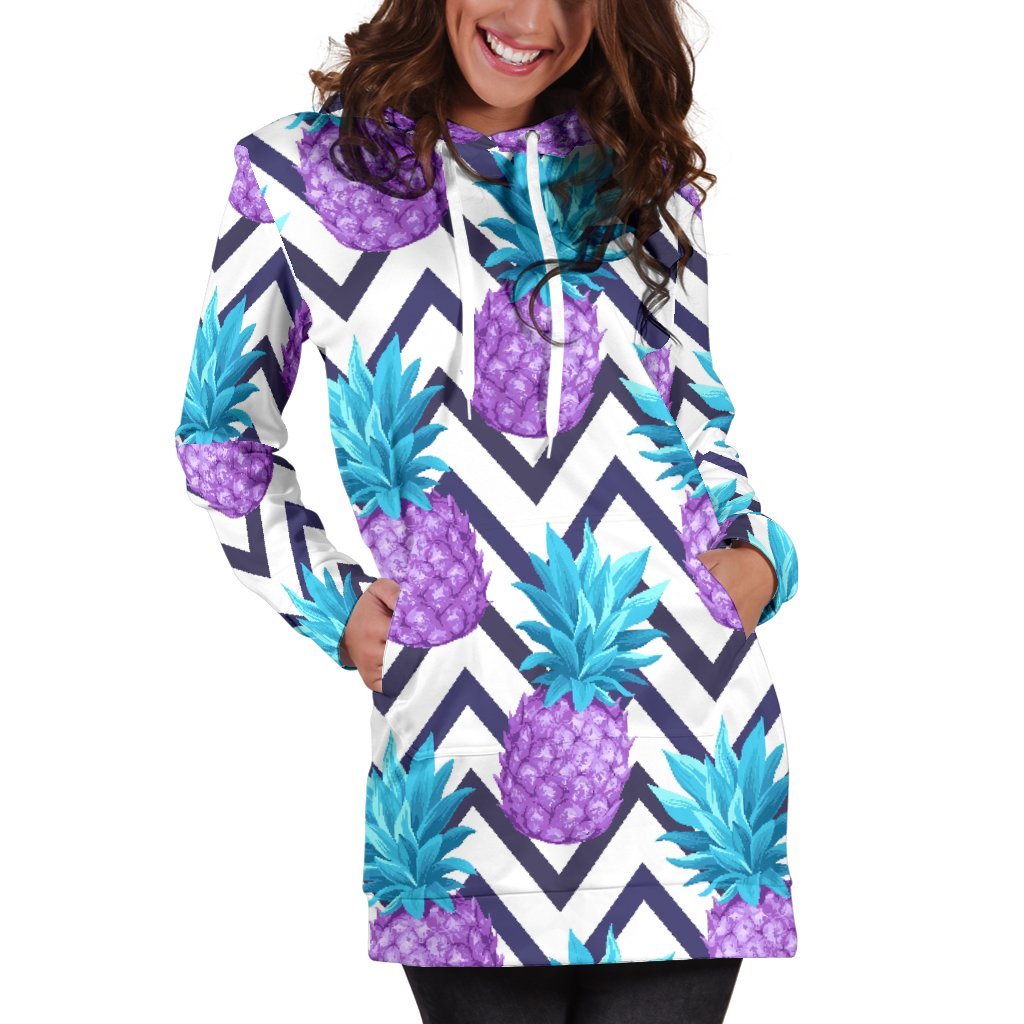 Purple Zig Zag Pineapple Pattern Print Hoodie Dress GearFrost