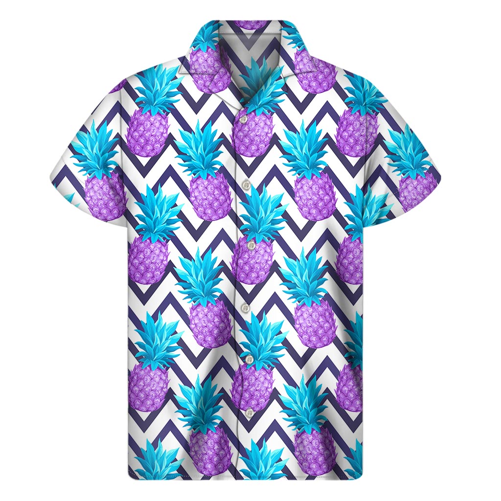 Purple Zig Zag Pineapple Pattern Print Men's Short Sleeve Shirt