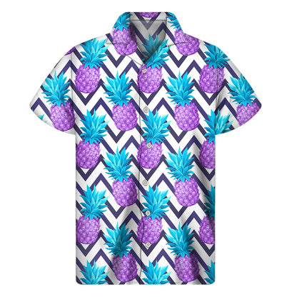 Purple Zig Zag Pineapple Pattern Print Men's Short Sleeve Shirt