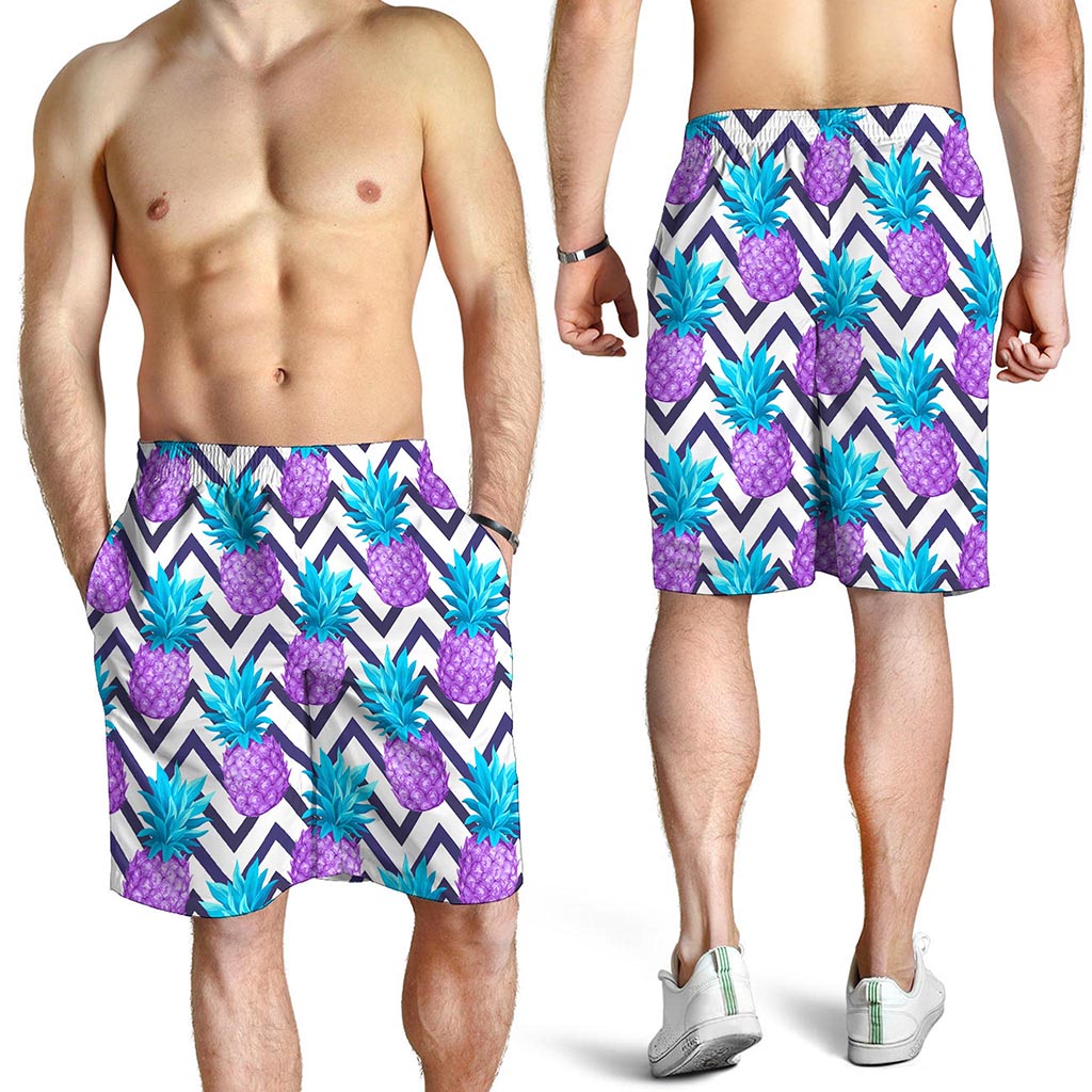 Purple Zig Zag Pineapple Pattern Print Men's Shorts