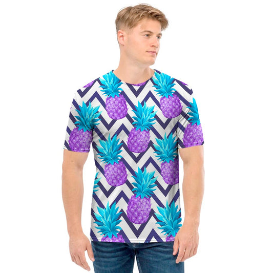 Purple Zig Zag Pineapple Pattern Print Men's T-Shirt