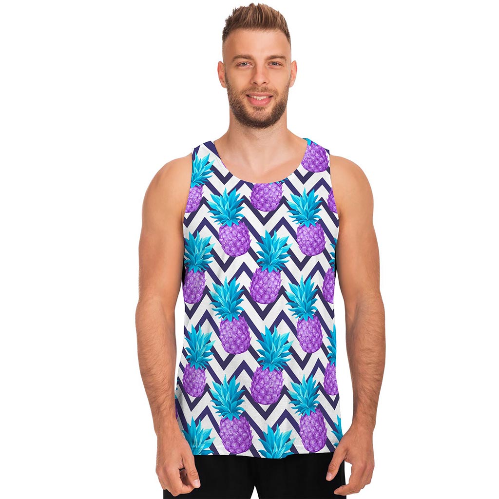 Purple Zig Zag Pineapple Pattern Print Men's Tank Top