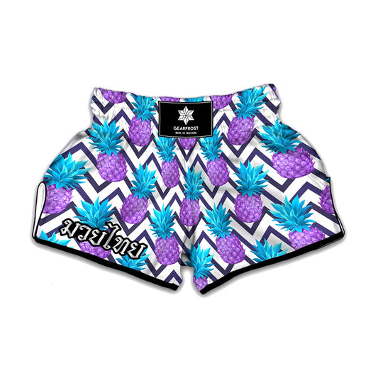 Purple Zig Zag Pineapple Pattern Print Muay Thai Boxing Shorts