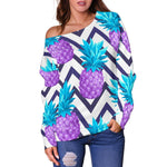 Purple Zig Zag Pineapple Pattern Print Off Shoulder Sweatshirt GearFrost