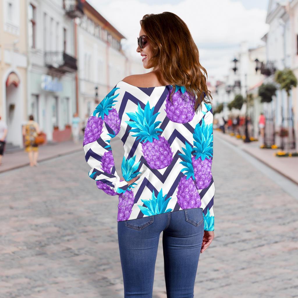 Purple Zig Zag Pineapple Pattern Print Off Shoulder Sweatshirt GearFrost