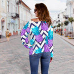 Purple Zig Zag Pineapple Pattern Print Off Shoulder Sweatshirt GearFrost