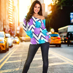 Purple Zig Zag Pineapple Pattern Print Off Shoulder Sweatshirt GearFrost