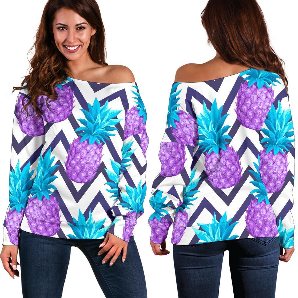 Purple Zig Zag Pineapple Pattern Print Off Shoulder Sweatshirt GearFrost