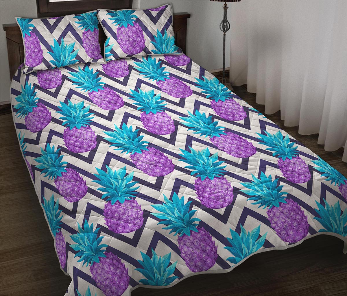 Purple Zig Zag Pineapple Pattern Print Quilt Bed Set