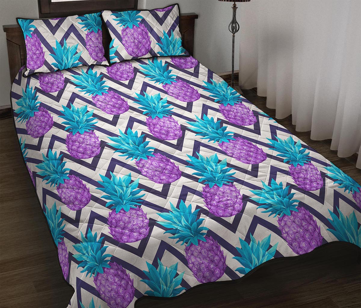Purple Zig Zag Pineapple Pattern Print Quilt Bed Set