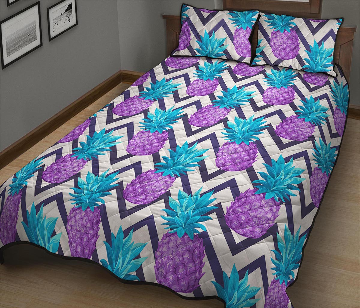 Purple Zig Zag Pineapple Pattern Print Quilt Bed Set
