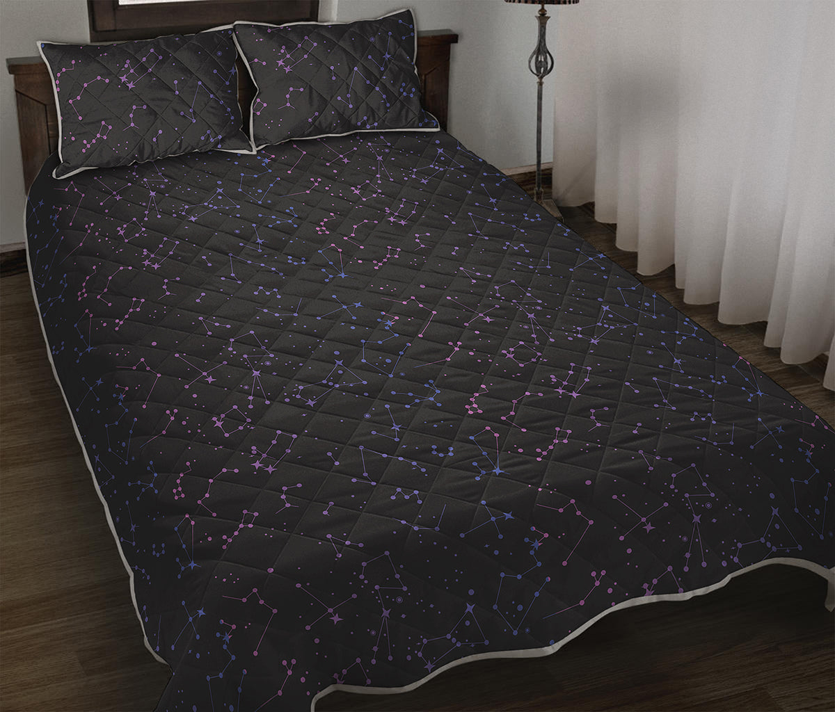 Purple Zodiac Stars Pattern Print Quilt Bed Set