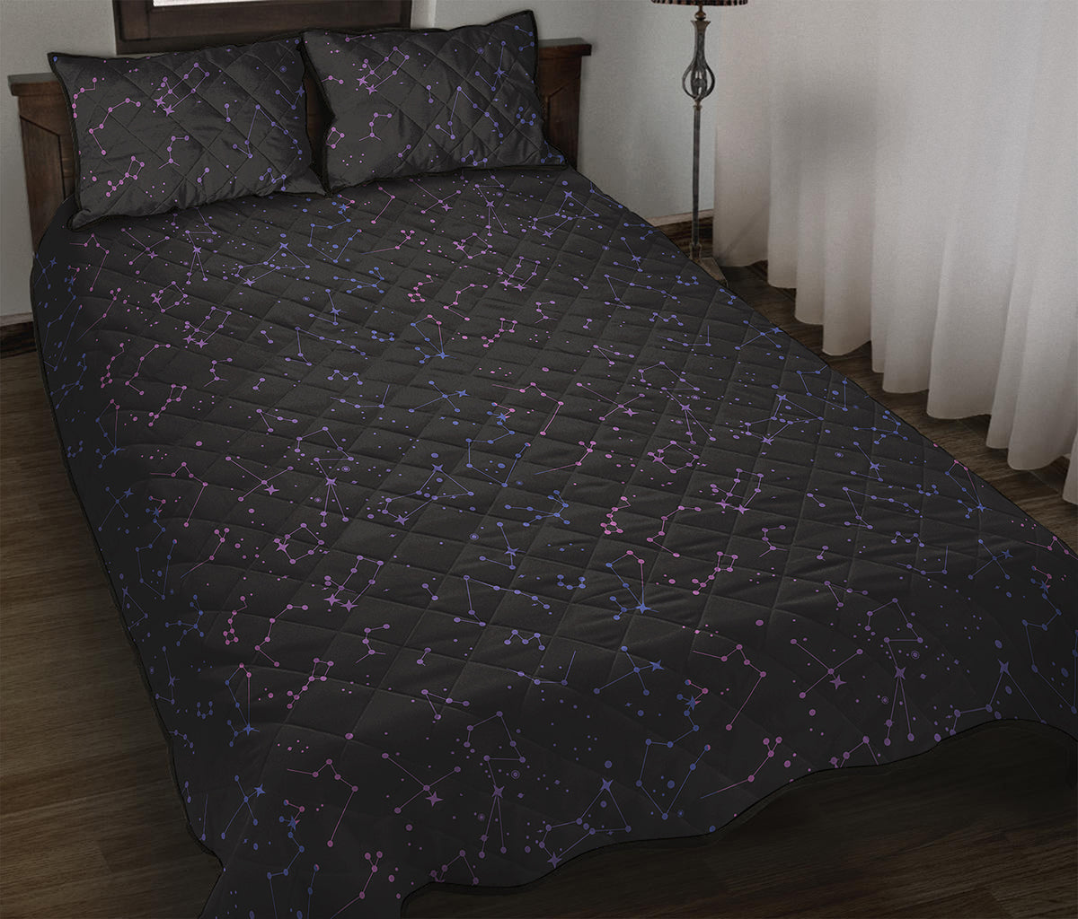 Purple Zodiac Stars Pattern Print Quilt Bed Set