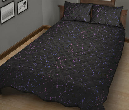 Purple Zodiac Stars Pattern Print Quilt Bed Set
