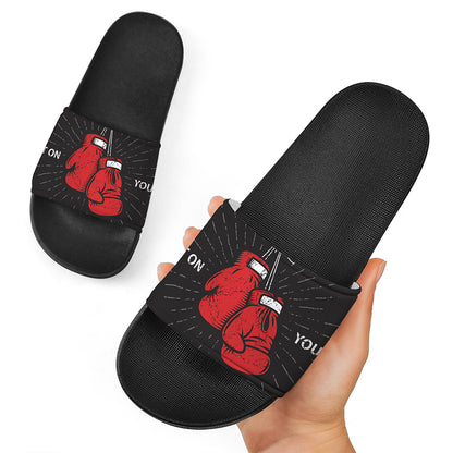 Put On Your Boxing Gloves Print Black Slide Sandals