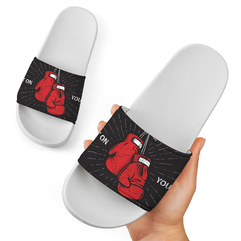 Put On Your Boxing Gloves Print White Slide Sandals