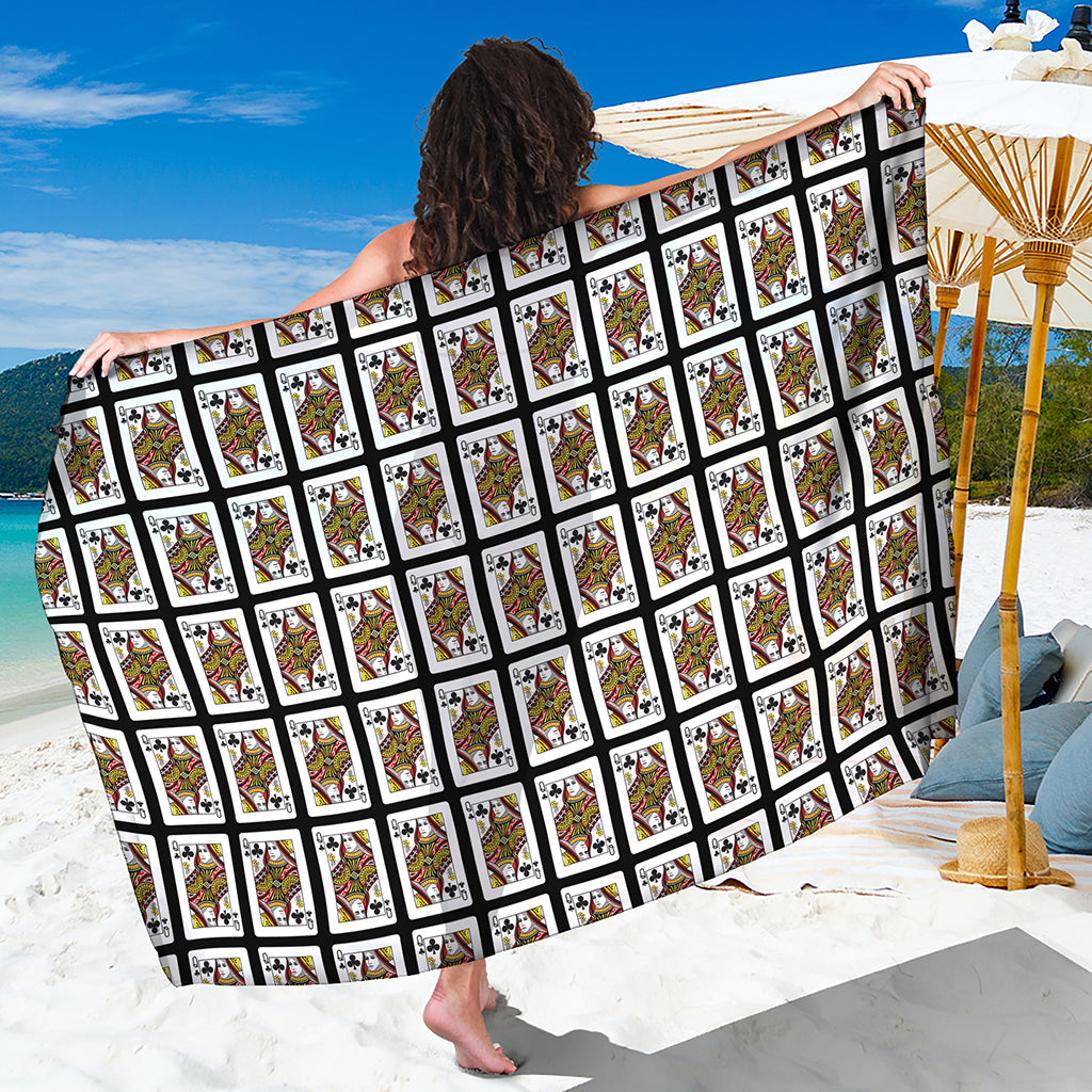 Queen Of Clubs Playing Card Pattern Print Beach Sarong Wrap