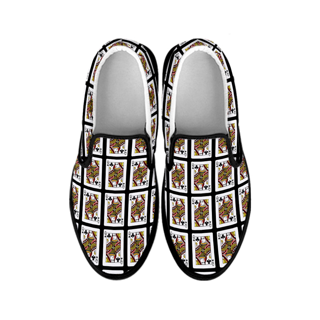 Queen Of Clubs Playing Card Pattern Print Black Slip On Shoes