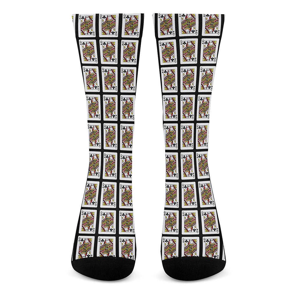 Queen Of Clubs Playing Card Pattern Print Crew Socks