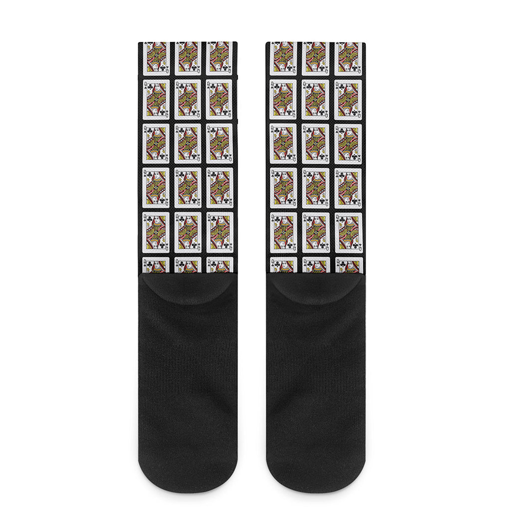 Queen Of Clubs Playing Card Pattern Print Crew Socks