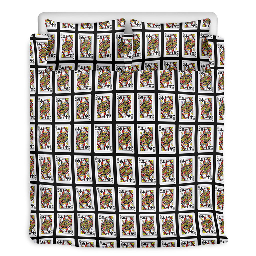 Queen Of Clubs Playing Card Pattern Print Duvet Cover Bedding Set