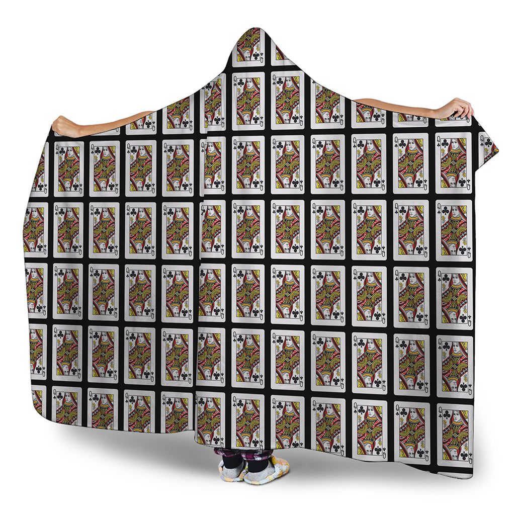 Queen Of Clubs Playing Card Pattern Print Hooded Blanket