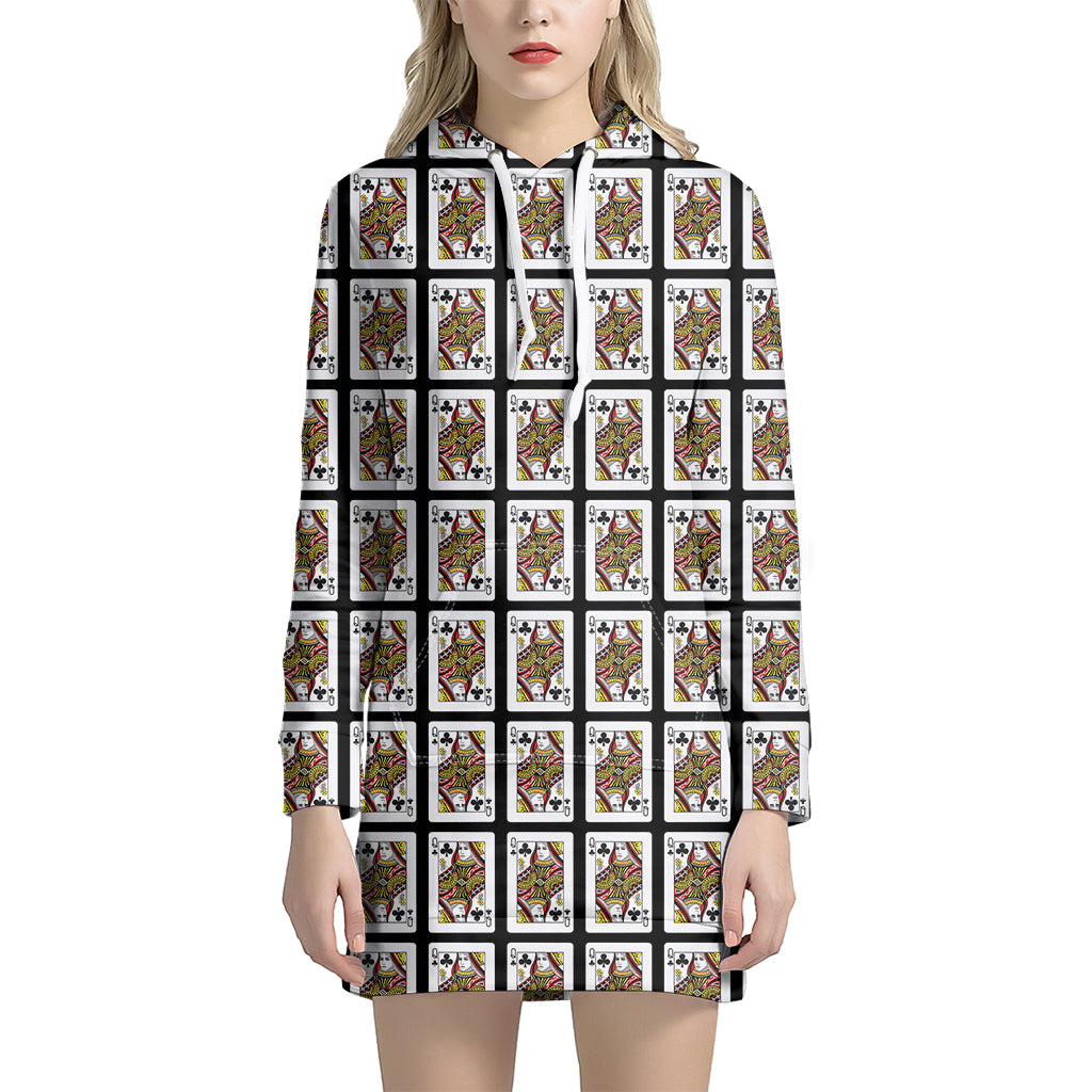 Queen Of Clubs Playing Card Pattern Print Hoodie Dress
