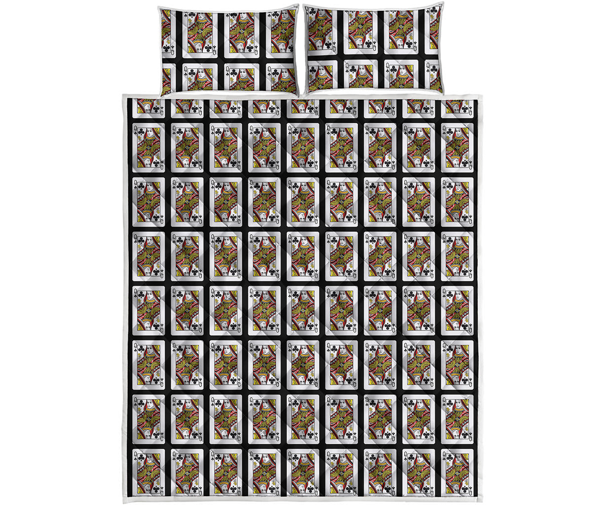 Queen Of Clubs Playing Card Pattern Print Quilt Bed Set