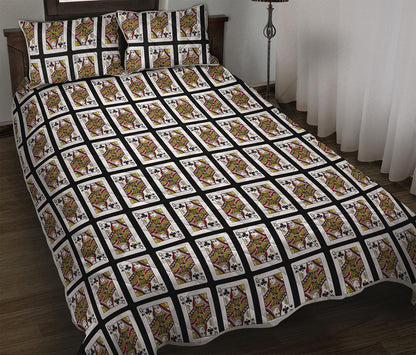 Queen Of Clubs Playing Card Pattern Print Quilt Bed Set