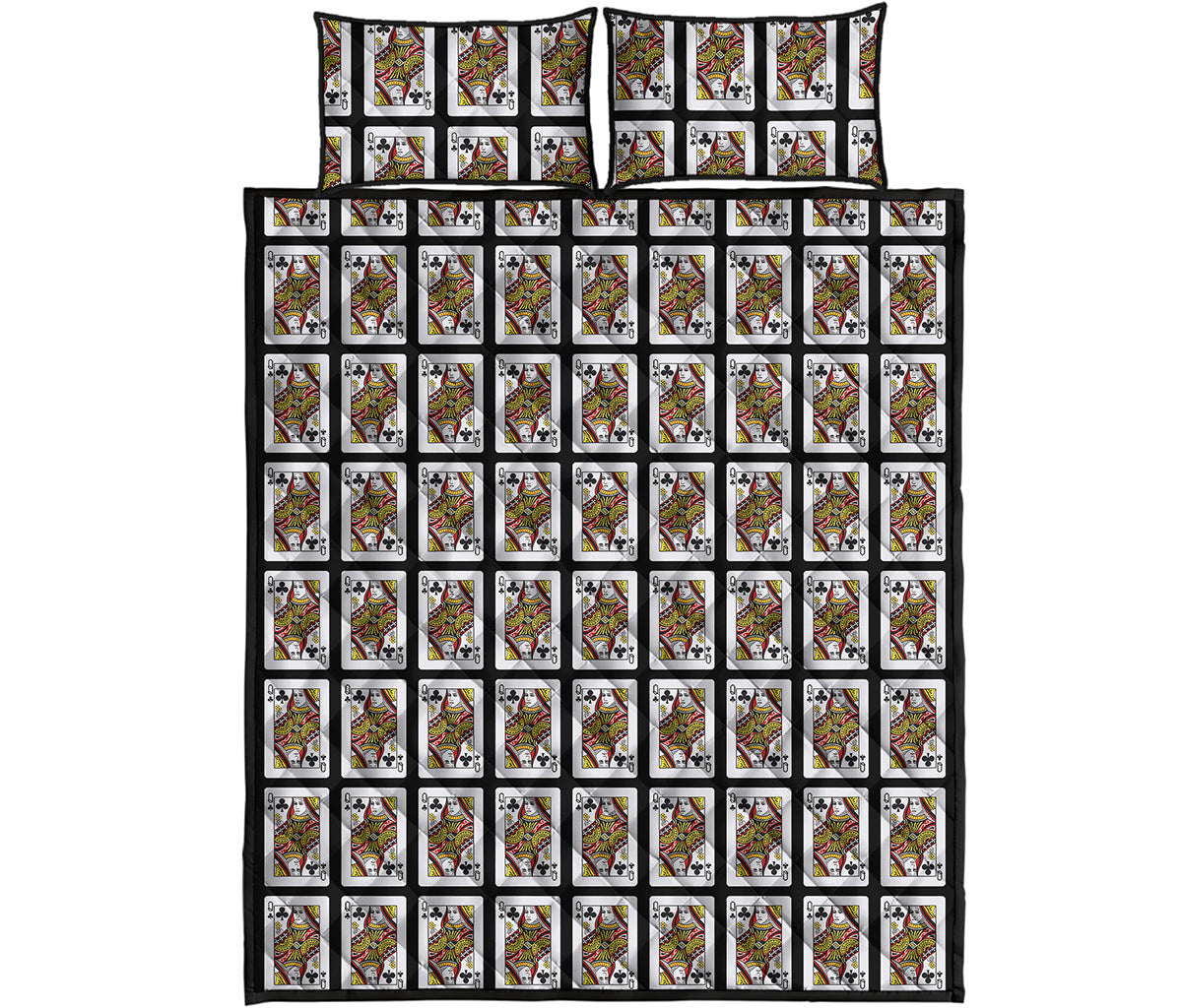 Queen Of Clubs Playing Card Pattern Print Quilt Bed Set