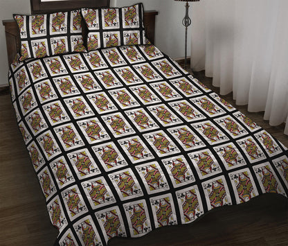 Queen Of Clubs Playing Card Pattern Print Quilt Bed Set