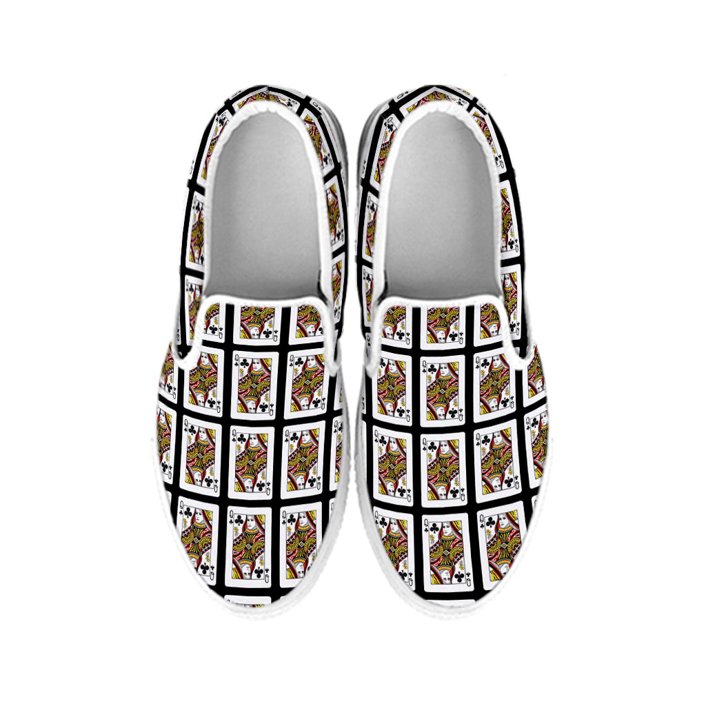 Queen Of Clubs Playing Card Pattern Print White Slip On Shoes