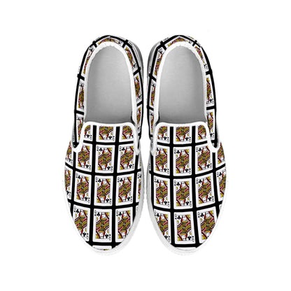Queen Of Clubs Playing Card Pattern Print White Slip On Shoes