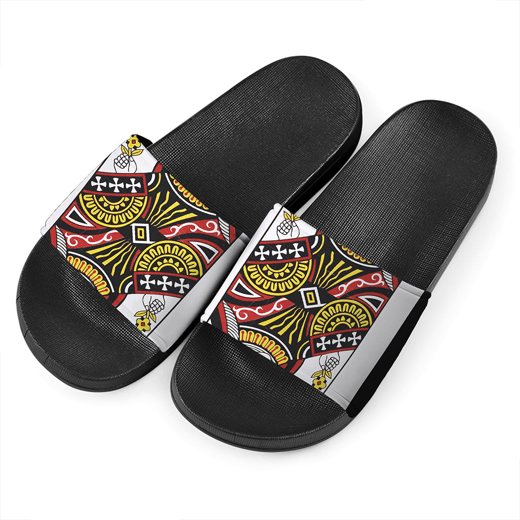 Queen Of Clubs Playing Card Print Black Slide Sandals