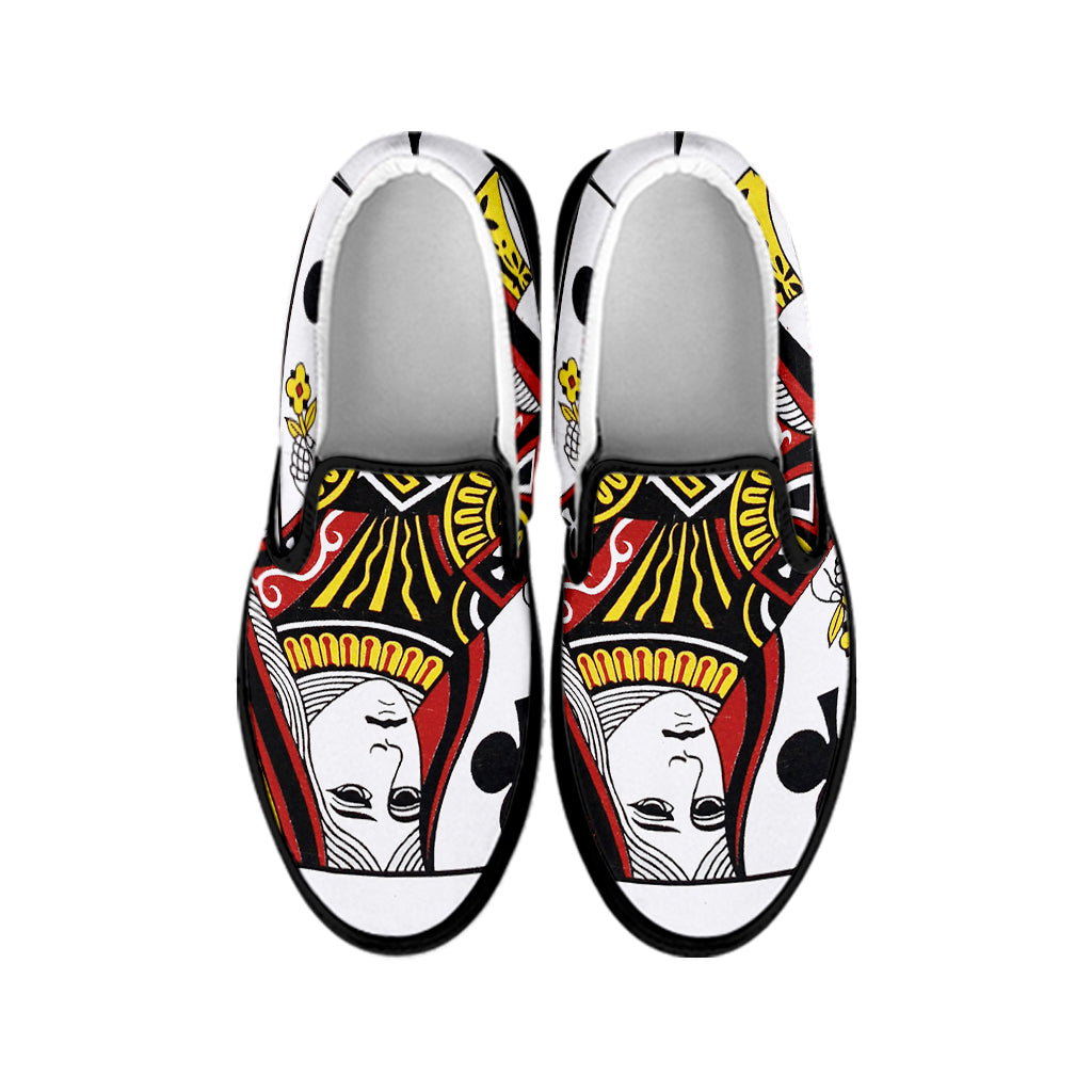 Queen Of Clubs Playing Card Print Black Slip On Shoes