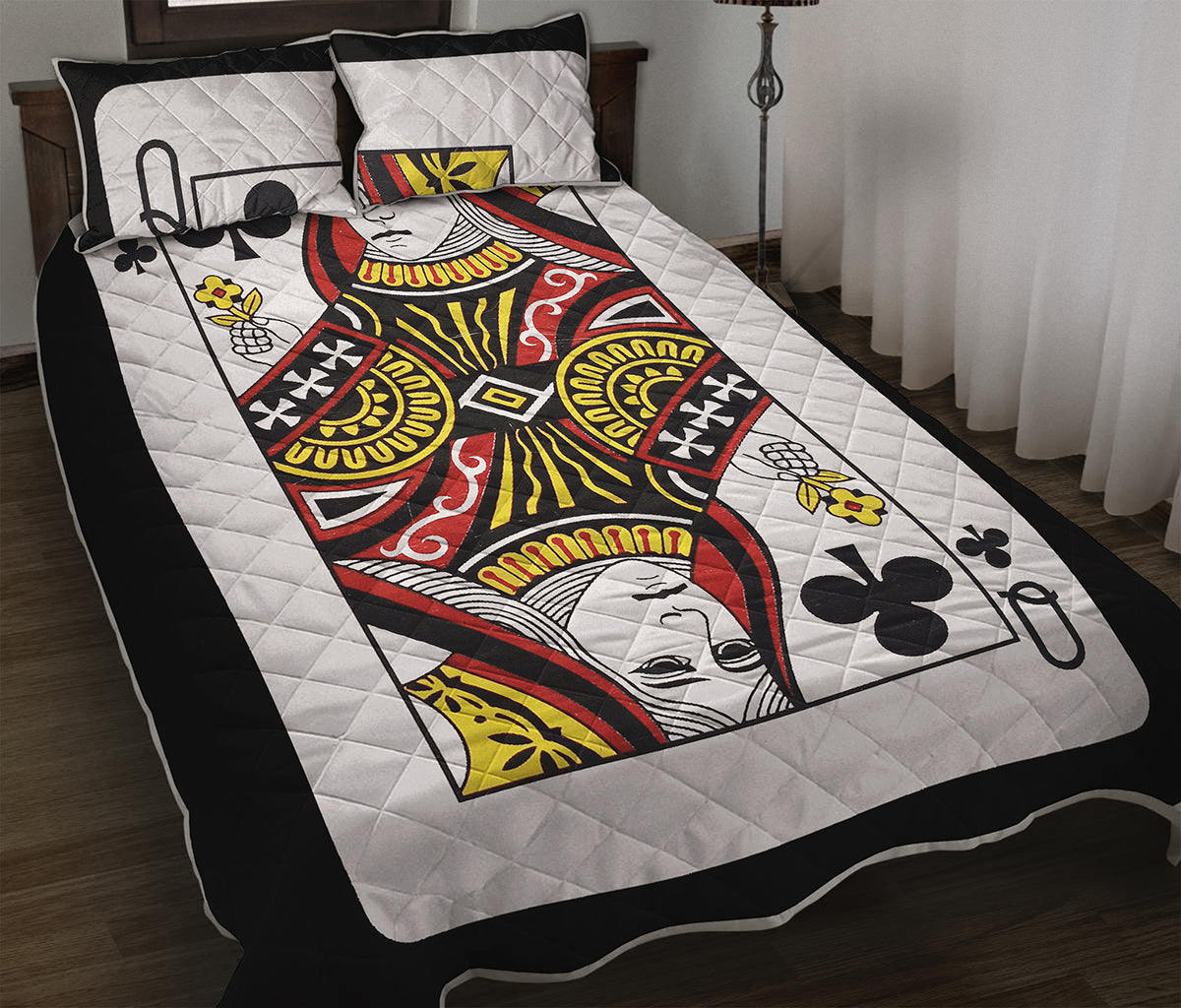 Queen Of Clubs Playing Card Print Quilt Bed Set