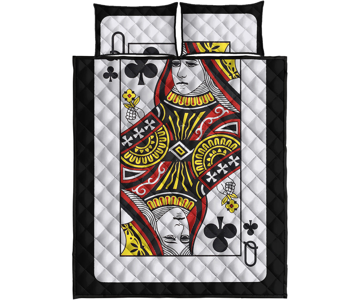 Queen Of Clubs Playing Card Print Quilt Bed Set