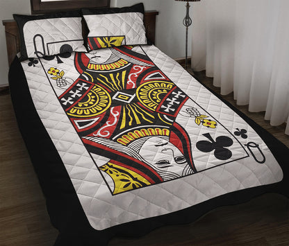Queen Of Clubs Playing Card Print Quilt Bed Set