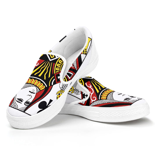 Queen Of Clubs Playing Card Print White Slip On Shoes