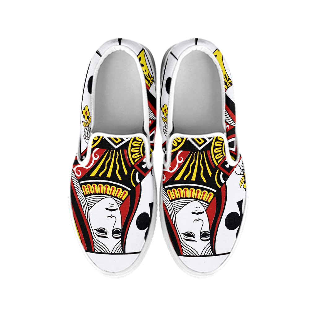 Queen Of Clubs Playing Card Print White Slip On Shoes