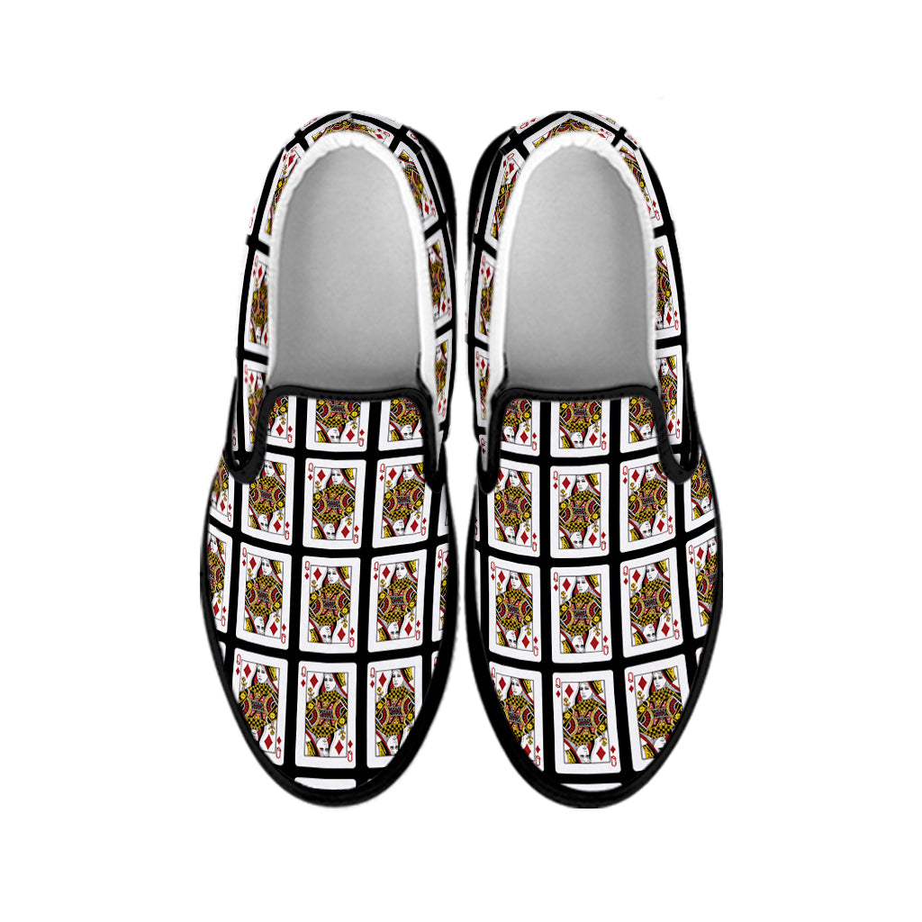 Queen Of Diamonds Playing Card Pattern Print Black Slip On Shoes