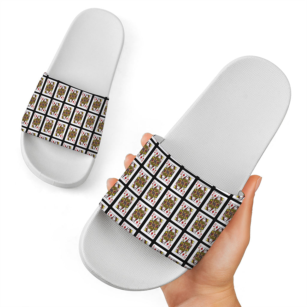 Queen Of Diamonds Playing Card Pattern Print White Slide Sandals
