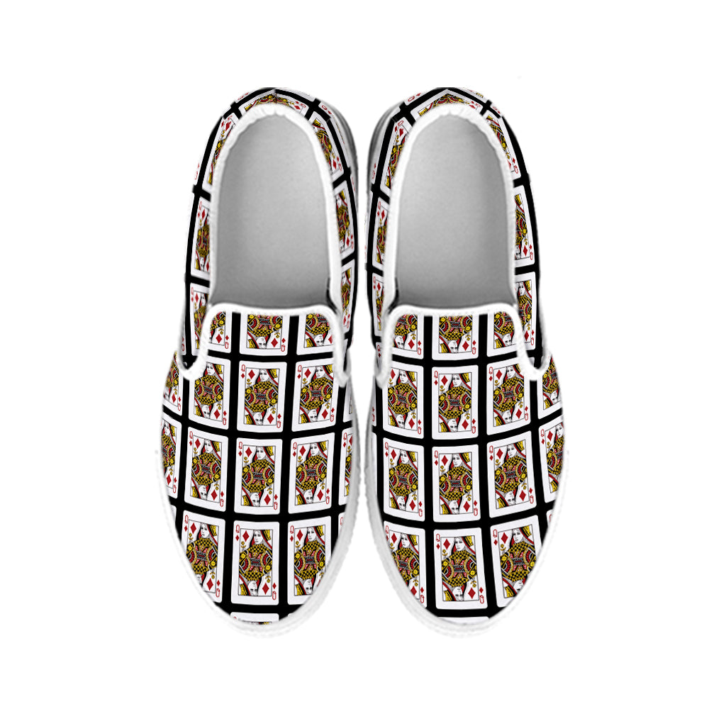 Queen Of Diamonds Playing Card Pattern Print White Slip On Shoes