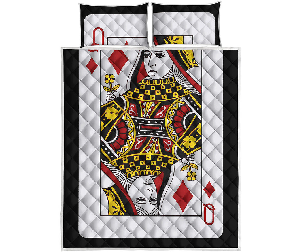 Queen Of Diamonds Playing Card Print Quilt Bed Set