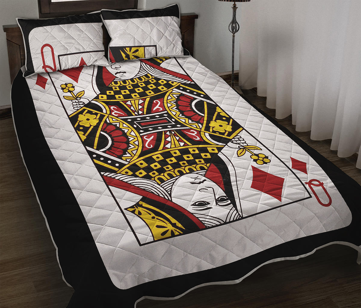 Queen Of Diamonds Playing Card Print Quilt Bed Set
