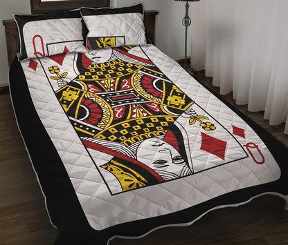 Queen Of Diamonds Playing Card Print Quilt Bed Set