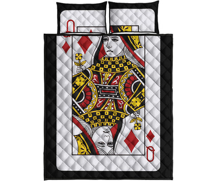 Queen Of Diamonds Playing Card Print Quilt Bed Set