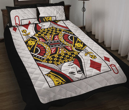 Queen Of Diamonds Playing Card Print Quilt Bed Set