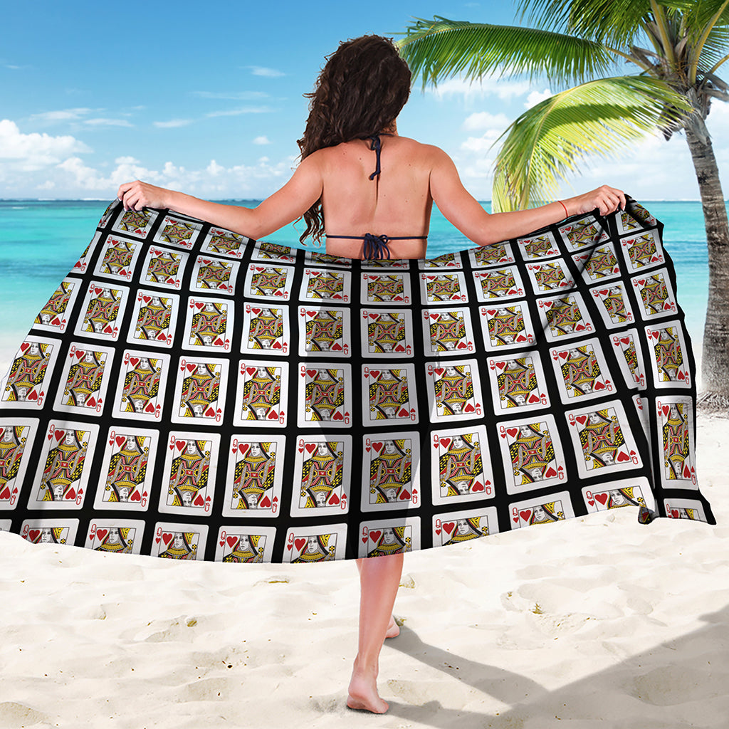 Queen Of Hearts Playing Card Pattern Print Beach Sarong Wrap